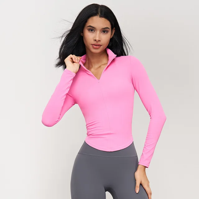 Stand Collar Yoga Coat Short Waist tight Fitness Calliopsis Pink - Shop at LoveMi