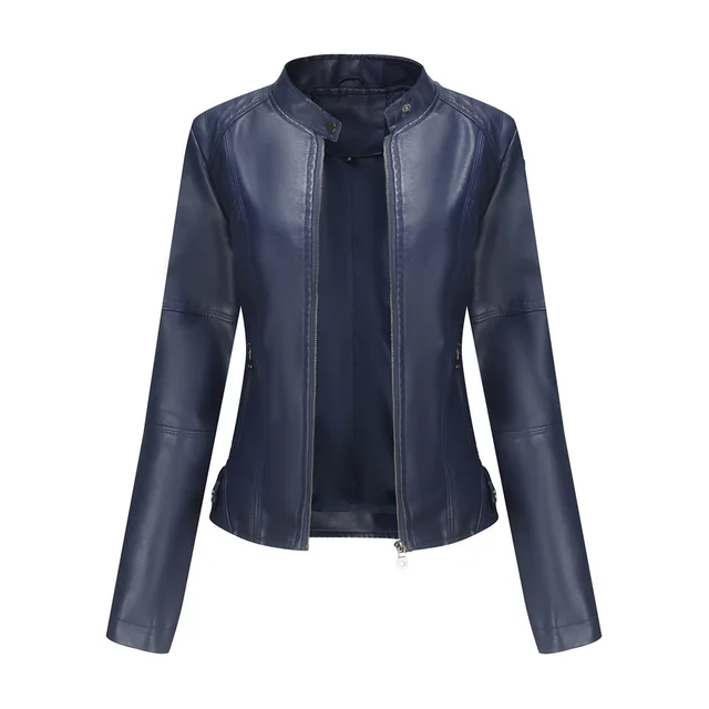 Thin Large Size Leather Clothing With Stand Collar Slim fit Jacket Dark Blue - Shop at LoveMi
