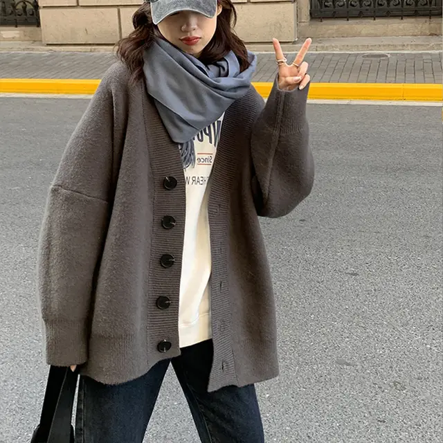 Loose Mid length Knitted Cardigan Sweater Coat Gray - Shop at LoveMi