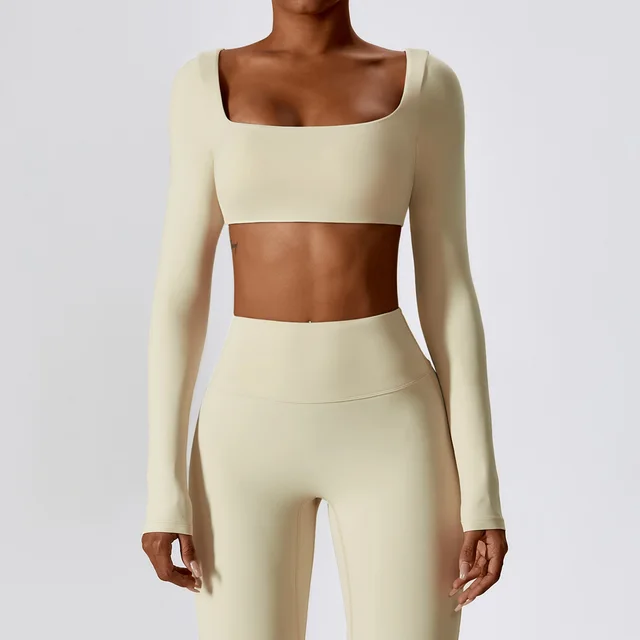 Long Sleeve Yoga Wear Outdoor Running Exercise T shirt Apricot Long Sleeve - Shop at LoveMi