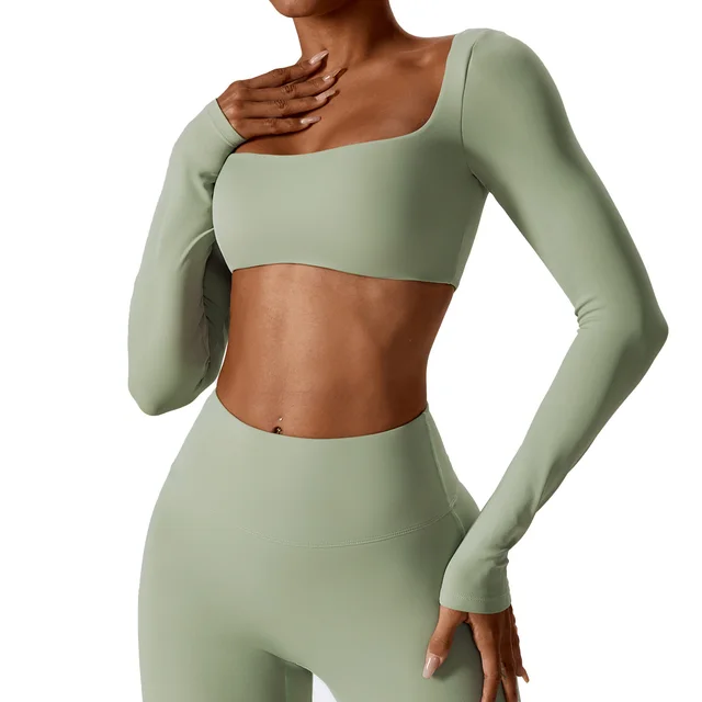 Long Sleeve Yoga Wear Outdoor Running Exercise T shirt Greenset - Shop at LoveMi