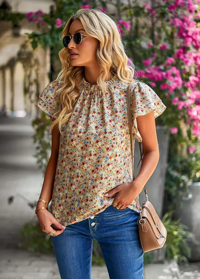 Women's Loose Casual Top Floral Round Neck Shirt Khaki - Shop at LoveMi