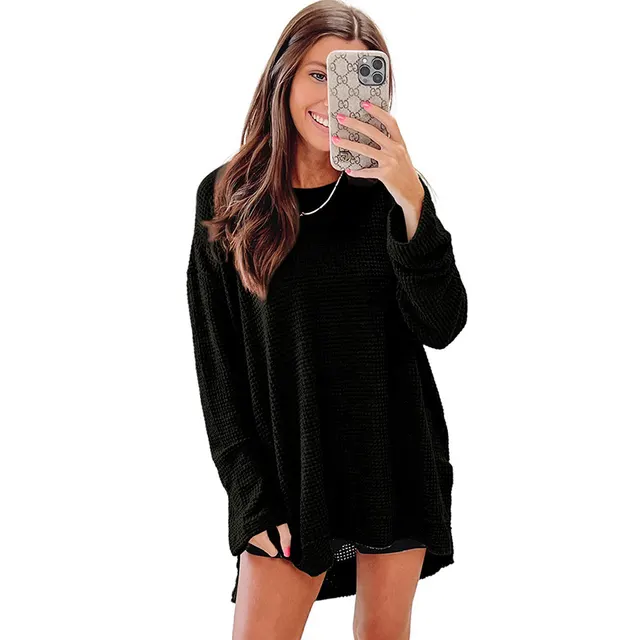 Solid Color Loose fitting Pullover Round neck Waffle Sweater Black - Shop at LoveMi