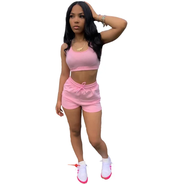 Solid Color Women's Vest And Shorts Two piece Set Pink - Shop at LoveMi
