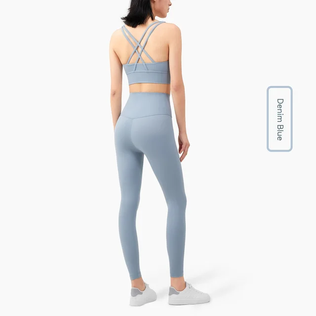 Women's Cross Beauty Back Exercise Bra Leggings Yoga Clothes Denim Blue - Shop at LoveMi