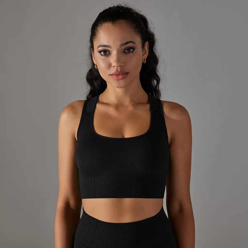 Seamless Knitted Cross Beauty Back Yoga Vest - Black
