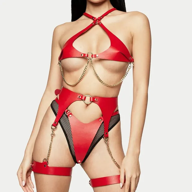 Women's Leather Binding Underwear Dance Floor Decoration Clothing Red Suit Without Handcuffs - Shop at LoveMi