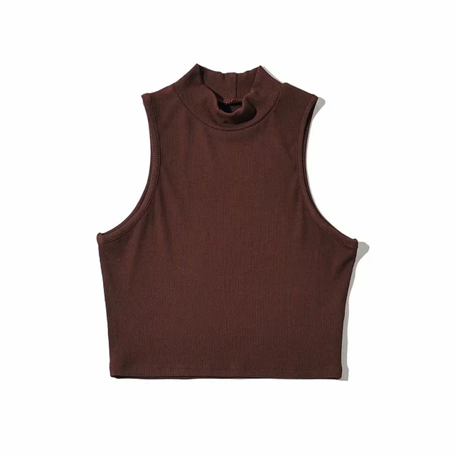 Sleeveless Stand Collar Knitted Slim fit Short Stretch Vest Ins European And American Brown - Shop at LoveMi