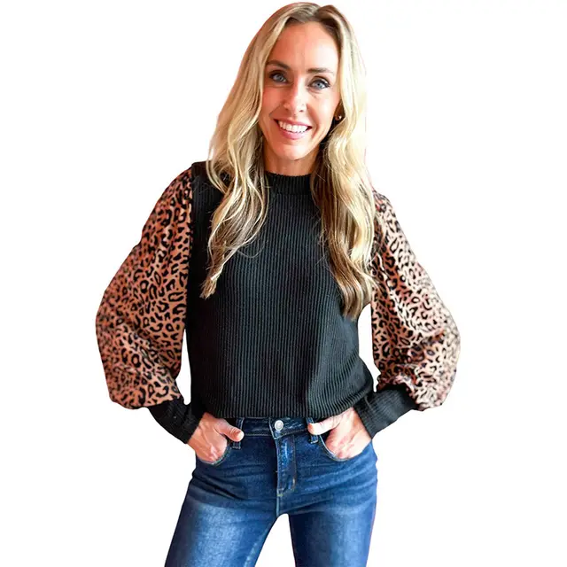 Sweater Women's Leopard Print Thread Knitted Long sleeved Top Black - Shop at LoveMi
