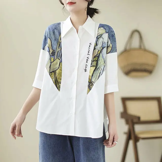 Cotton And Linen Large Size Loose Stitching Short Sleeve Shirt White - Shop at LoveMi