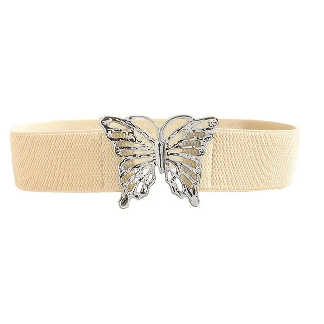 Fashion Women's Butterfly Belt Elastic Elastic Buckle Waist Seal Decorative Shirt Dress Waist Trim Creamcoloured - Shop at LoveMi