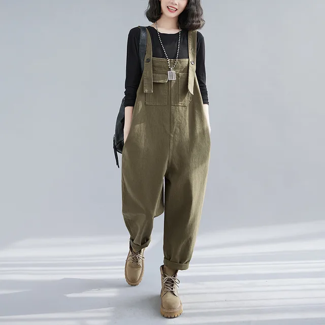 Loose Women's Wear Large Pocket Harem Denim Suspender Pants Army Green - Shop at LoveMi