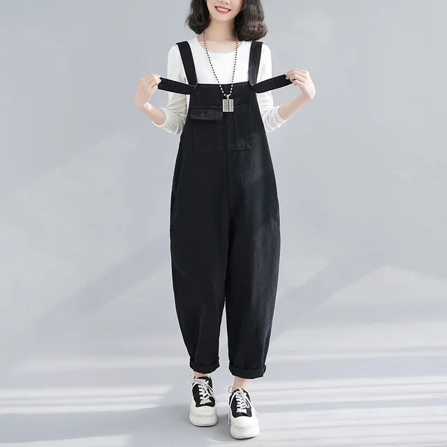 Loose Women's Wear Large Pocket Harem Denim Suspender Pants Black - Shop at LoveMi