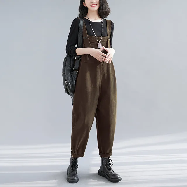 Loose Women's Wear Large Pocket Harem Denim Suspender Pants Brown - Shop at LoveMi