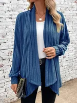 Scarf Collar Cardigan Long Sleeved Loose Knit Jacket - Peacock Blue