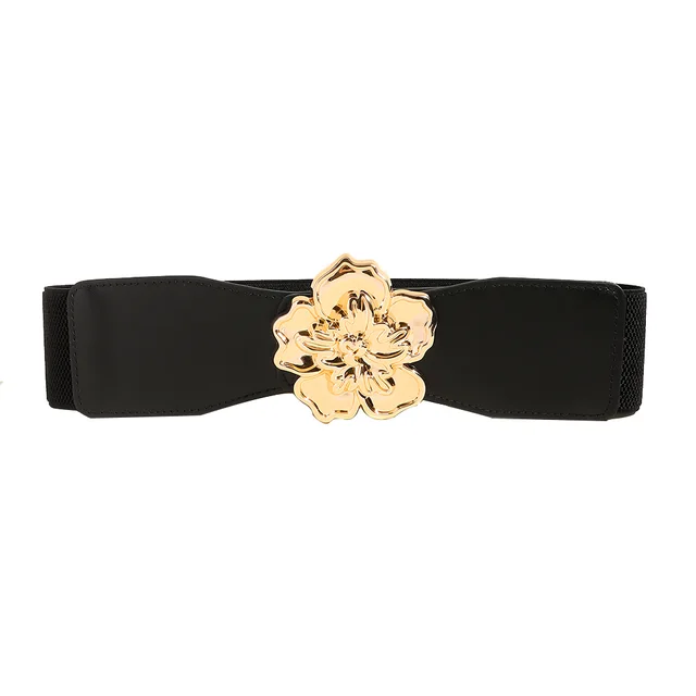 Elegant Women's Stretch Elastic Belt Metal Large Flower Needle Buckle Decorated Dress Shirt Waist Belt Black - Shop at LoveMi