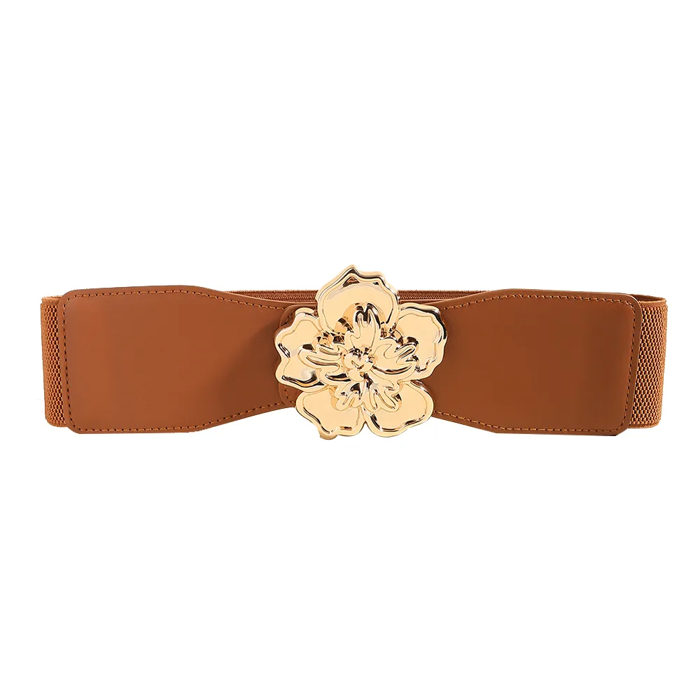 Elegant Women's Stretch Elastic Belt Metal Large Flower Needle Buckle Decorated Dress Shirt Waist Belt - Camel