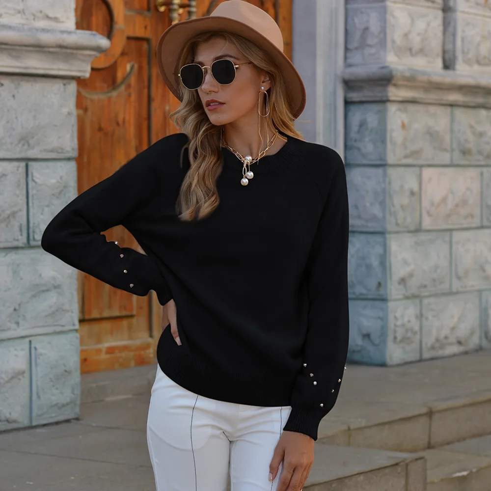 Round Neck Cuff Decorative Rivets Knitted Sweater Black - Shop at LoveMi