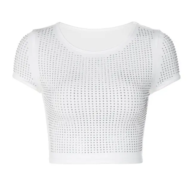 Personalized Rhinestone Short Sleeve Navel T shirt Vest White - Shop at LoveMi