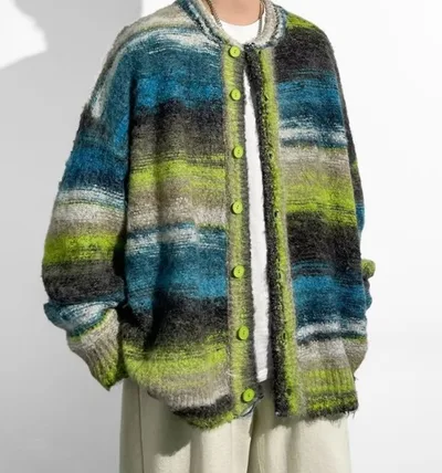 Vintage Rainbow Contrast Sweater Coat Green - Shop at LoveMi