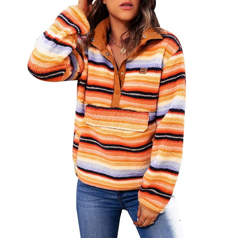Multi color Stripe Button Lambswool European And American Pocket Sweatshirt Color - Shop at LoveMi