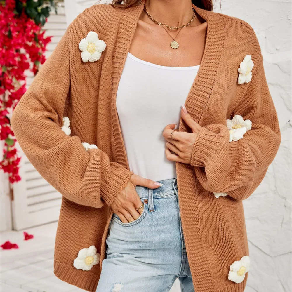 Women's Fashion Casual Flower Cardigan Lantern Sleeve Sweater Coat Camel - Shop at LoveMi