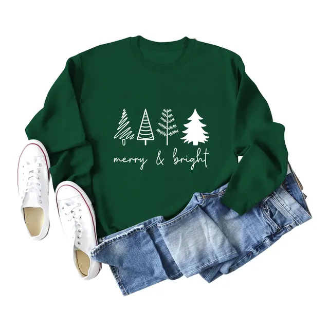 Printing Casual Women's Round Neck Loose Sweatshirt Shirt Dark Green And White - Shop at LoveMi