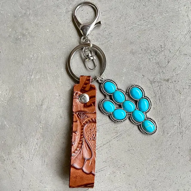 Retro Embossing Cattle leather Key Ring Western Style Turquoise Pumpkin Flowers Pendant 5Style - Shop at LoveMi