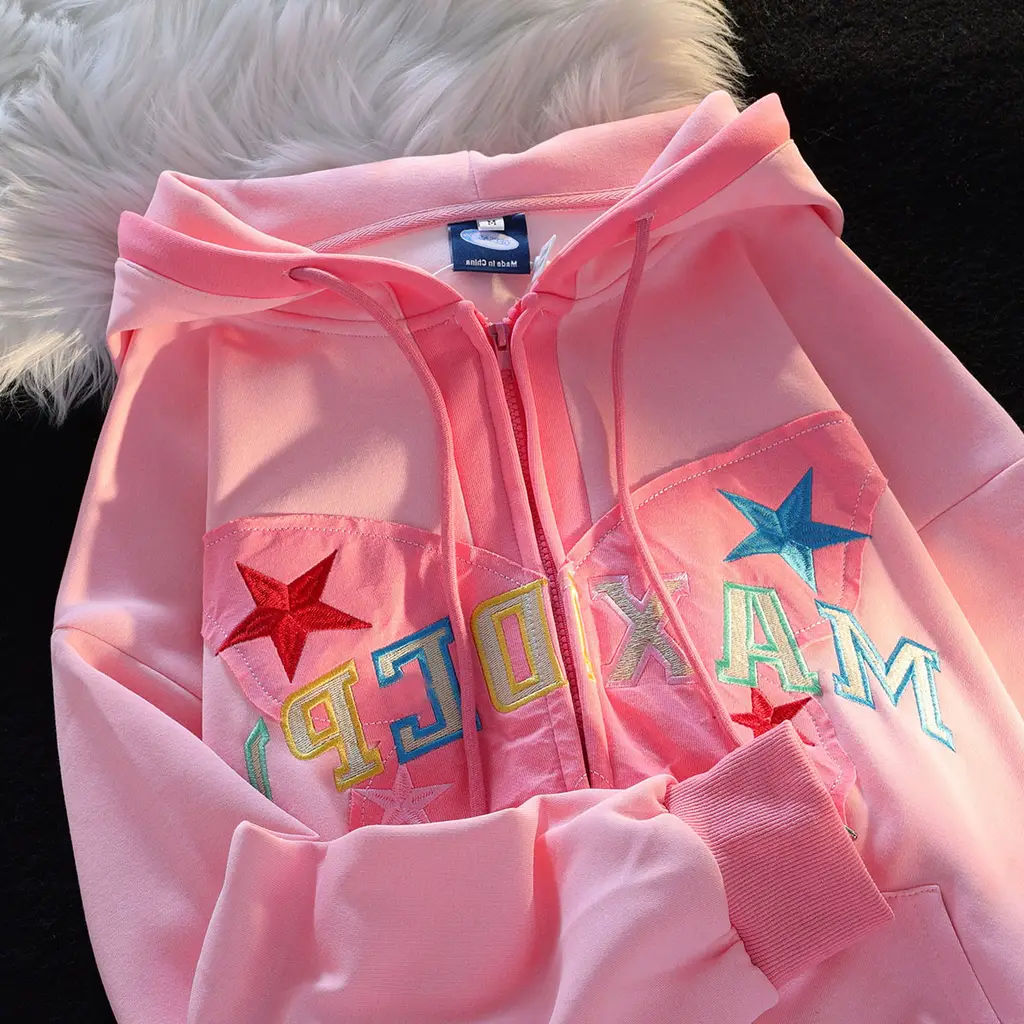 American Retro Alphabet Butterfly Patch Embroidered Hoodie - Pink