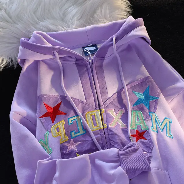 American Retro Alphabet Butterfly Patch Embroidered Hoodie Purple - Shop at LoveMi