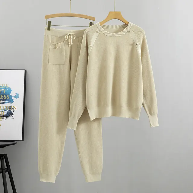 Women's Beaded Knitted Sweater Pants Set Apricot - Shop at LoveMi