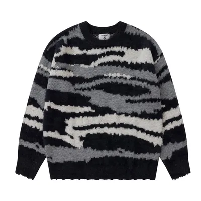 Heavy Color Matching Furry Round Neck Sweater Black - Shop at LoveMi