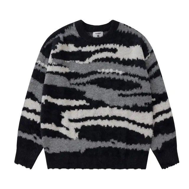 Heavy Color Matching Furry Round Neck Sweater Black - Shop at LoveMi