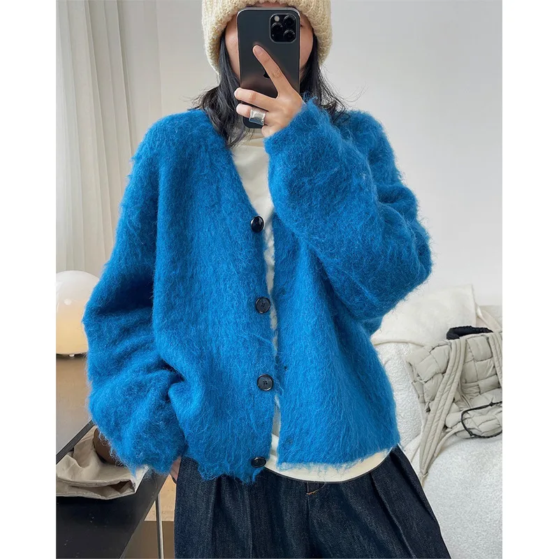 Lazy V neck Sweater Cardigan Loose Wool Soft Glutinous Warm Knitted Blue - Shop at LoveMi