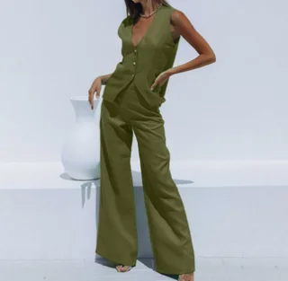 Fashion Casual Women's Cotton And Linen Trousers Suit Two-piece Set - Army Green