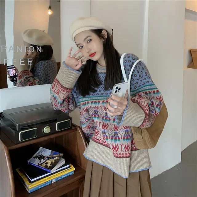 Heavy duty Jacquard Knitted Outerwear Long sleeved Sweater Blue - Shop at LoveMi