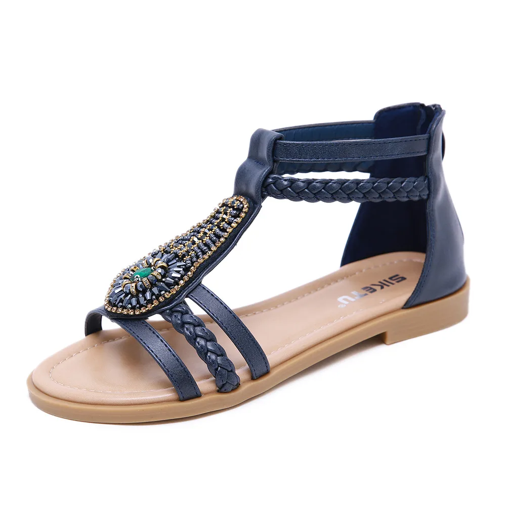 Bohemia Vintage Beaded Zipper Rhinestone Roman Flat Shoes Blue - Shop at LoveMi