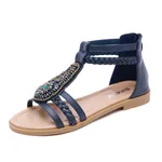 Bohemia Vintage Beaded Zipper Rhinestone Roman Flat Shoes - Blue