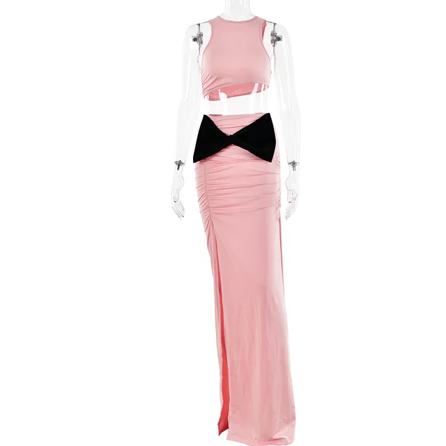 Cropped Tank Top Sexy Temperament High Waist Stitching Bow Set Pink - Shop at LoveMi