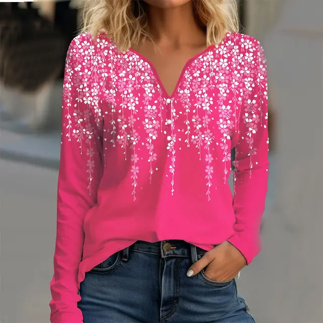 Casual Printed Long sleeved T shirt Top Dark Pink - Shop at LoveMi