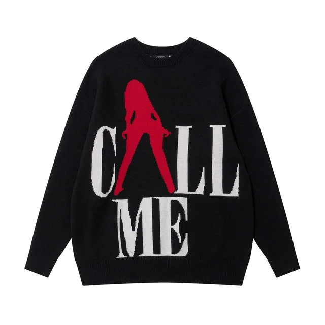 Contrast Color Beautiful Girl Letter Jacquard Round Neck Sweater Men And Women Same Style Fashion Brand Loose Casual Sweater Black - Shop at LoveMi