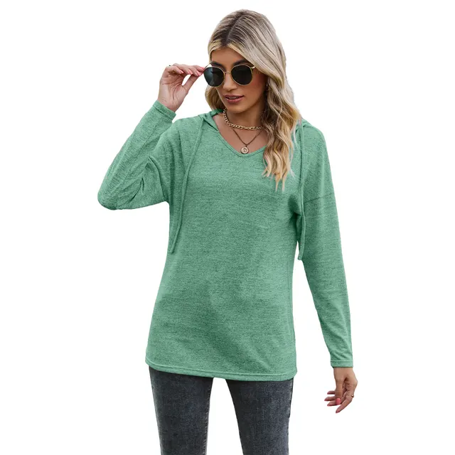 Solid Color And V neck Hooded Long sleeved Casual Bottoming T shirt Green - Shop at LoveMi