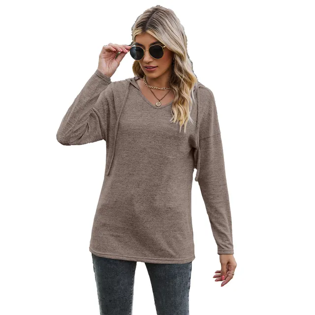 Solid Color And V neck Hooded Long sleeved Casual Bottoming T shirt Khaki - Shop at LoveMi