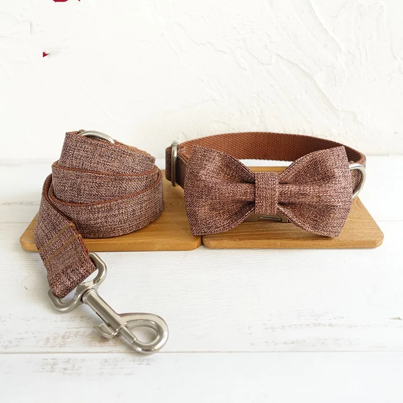 Pet Bow Dog Collar Leash Set Thick Double layer Tear resistant Dog Collar Brown Suit - Shop at LoveMi