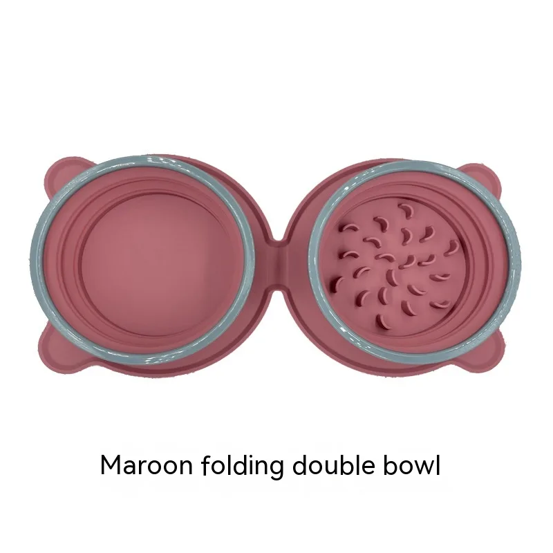 Portable Silicone Double Dog Food Bowls Foldable Non Slip Cat Bowl Pet Travel Anti Choking Feeding Bowl Outdoor Purplish Red - Shop at LoveMi