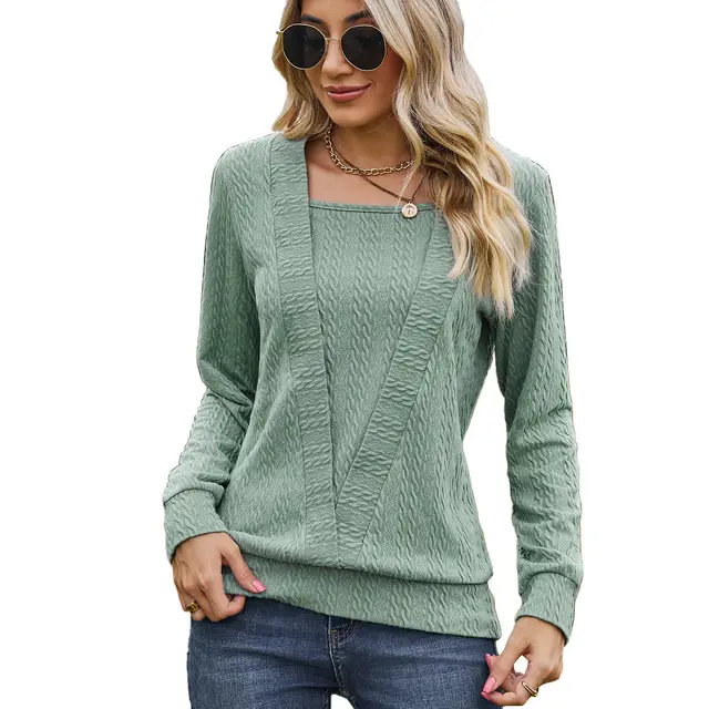 Square Collar Cross Loose Long sleeved T shirt Top For Women Dark Green - Shop at LoveMi