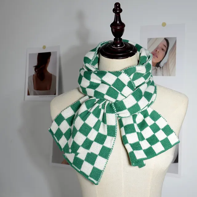 Women's Fashionable Elegant Wool Knitted Thermal Plaid Scarf Polyester Green - Shop at LoveMi