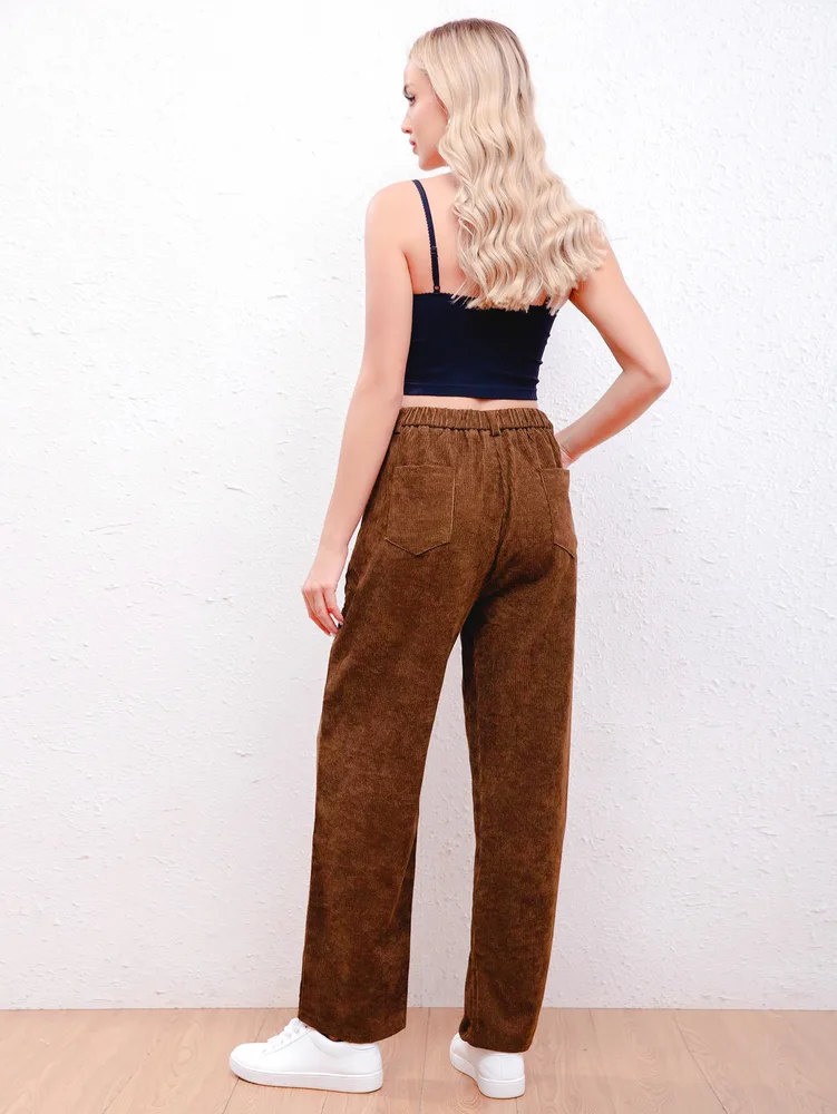 Women's Fashion Leisure Corduroy Stretch Waist Pants - Maroon