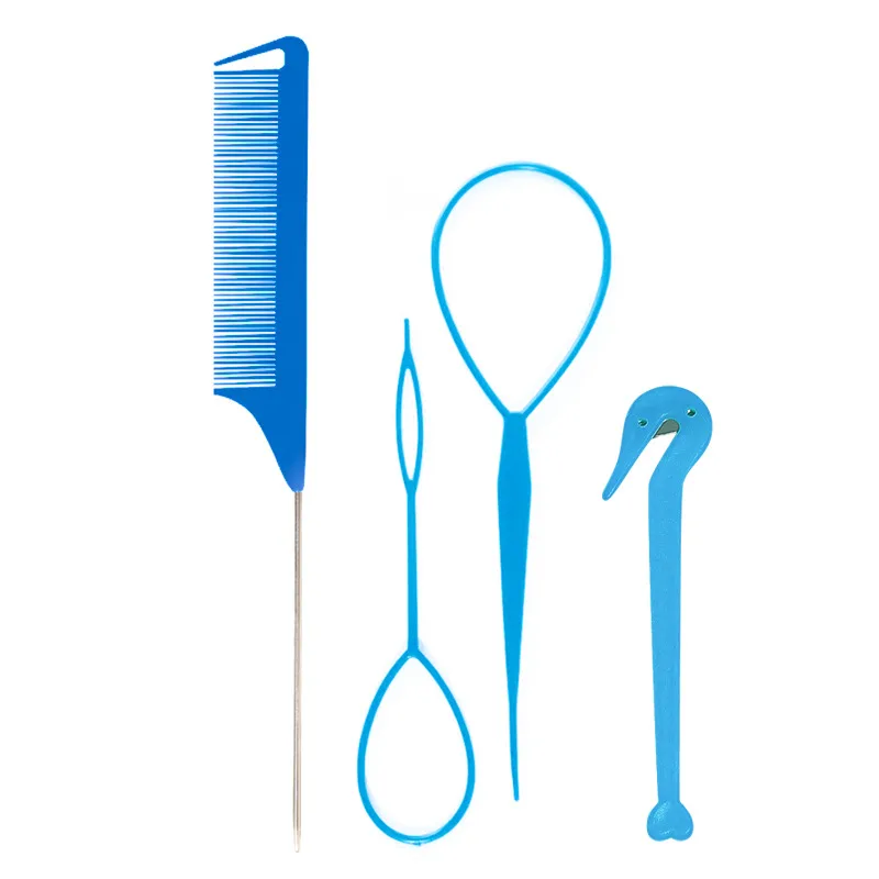 Hair Braiding Tools Comb Set Hairdressing Tress Device Hair Puller Pin Four-piece Set Household Modeling Tail Comb New - Blue Four Piece Set