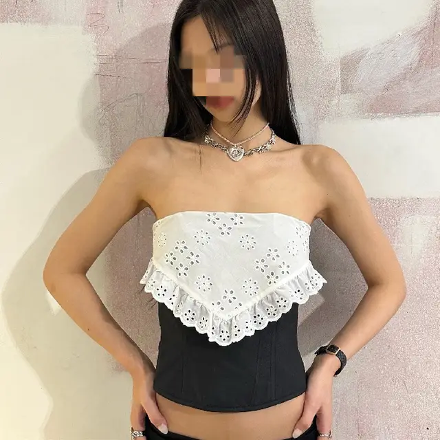 Hollow Contrast Color Outerwear Tube Top Short Vest Women Black - Shop at LoveMi